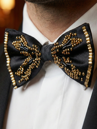 Black Satin Bow Tie with Gold Beaded Embellishments – Luxe Formal Accessory view 2