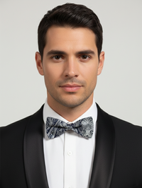 The Monochrome Muse: Art-Deco Black-Stitched White Bow Tie view 2