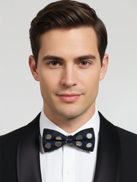 Elegant Blue Silk bow Tie with Golden Circle Pattern – Classic Formal Wear Accessory view 2
