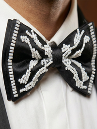 Black Satin Bow Tie with White Beaded Detailing – Premium Formal Wear Accessory view 2