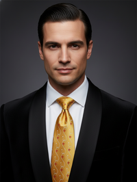 Luxury Golden Silk Tie with Red & White Print – Designer Formal Necktie view 2