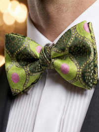 Green & Pink Geometric Jacquard Bow Tie – Bold Patterned Formal Wear view 2