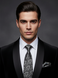 Black Tie with White Work Pattern – Classic Formal Necktie view 3