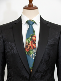 Designer Floral Printed Silk Tie for Men – Blue Statement Necktie view 4