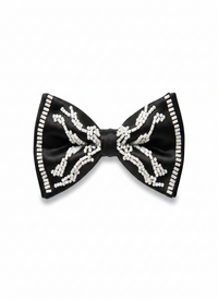 Black Satin Bow Tie with White Beaded Detailing – Premium Formal Wear Accessory view 1