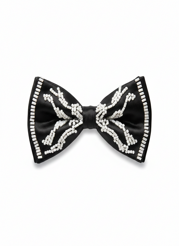 Black Satin Bow Tie with White Beaded Detailing – Premium Formal Wear Accessory