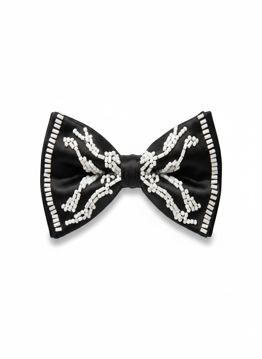 Black Satin Bow Tie with White Beaded Detailing – Premium Formal Wear Accessory