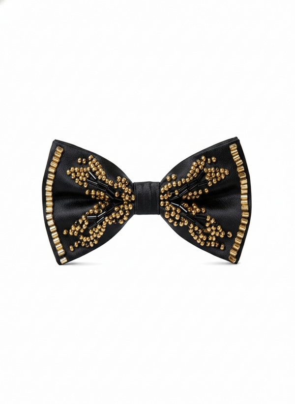 Black Satin Bow Tie with Gold Beaded Embellishments – Luxe Formal Accessory