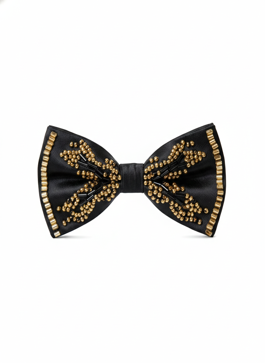 Black Satin Bow Tie with Gold Beaded Embellishments – Luxe Formal Accessory