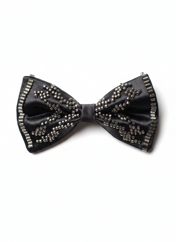 Elegant Black Beaded Satin Bow Tie – Classic Formal Accessory