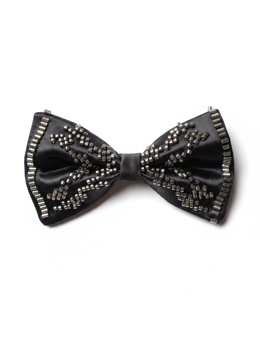 Elegant Black Beaded Satin Bow Tie – Classic Formal Accessory