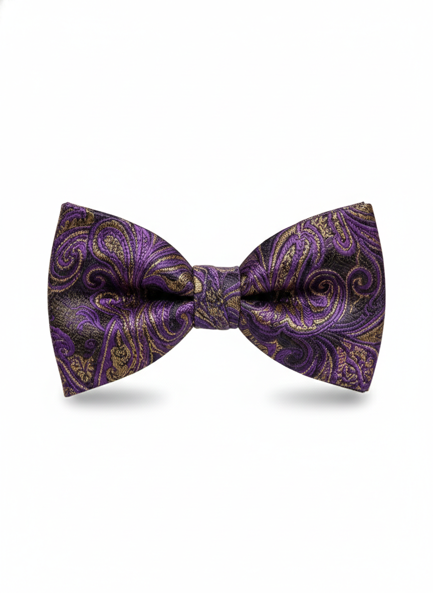 Purple & Gold Paisley Floral Bow Tie – Elegant Formal Accessory