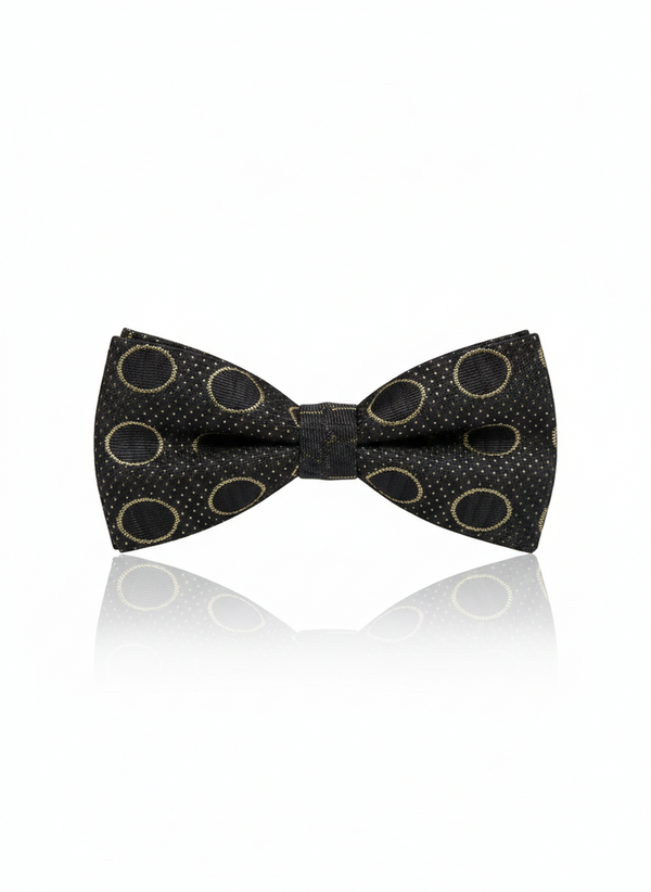 Elegant Black Silk Bow Tie with Golden Circle Outline – Formal Men’s Accessory