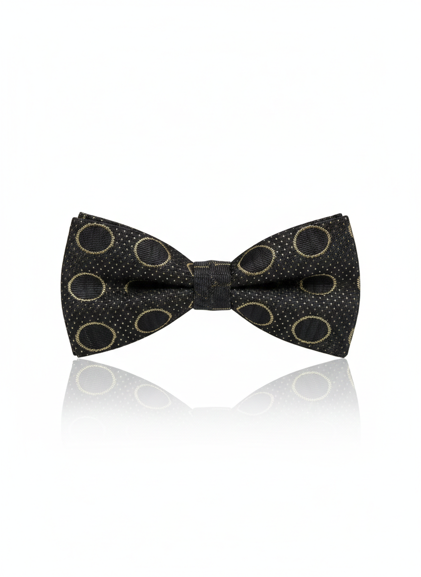 Elegant Black Silk Bow Tie with Golden Circle Outline – Formal Men’s Accessory