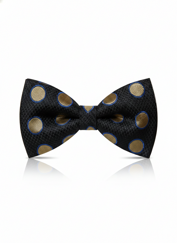 Black Bow Tie with Gold & Blue Polka Dot Design – Stylish Formal Accessory