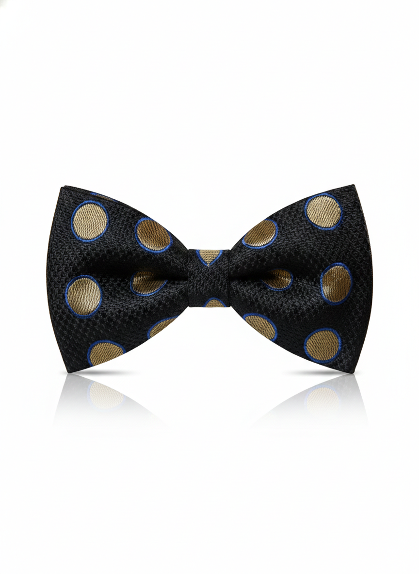 Black Bow Tie with Gold & Blue Polka Dot Design – Stylish Formal Accessory