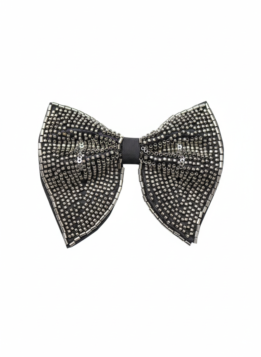 Men's Black Hand-Embroidered Metallic Beaded Bow Tie