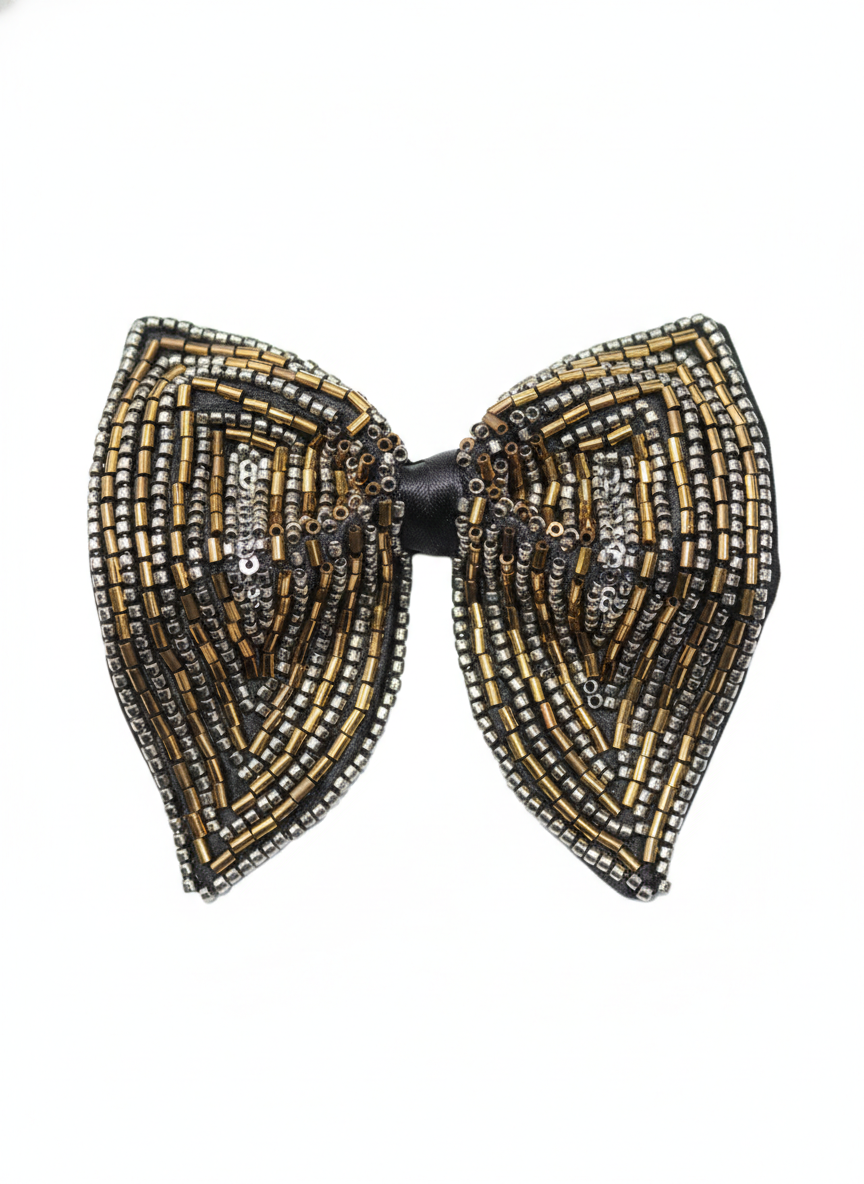 Antique Bronze & Silver Hand-Beaded Luxury Bow Tie