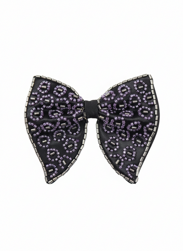 Purple Hand-Beaded Geometric Silk Bow Tie