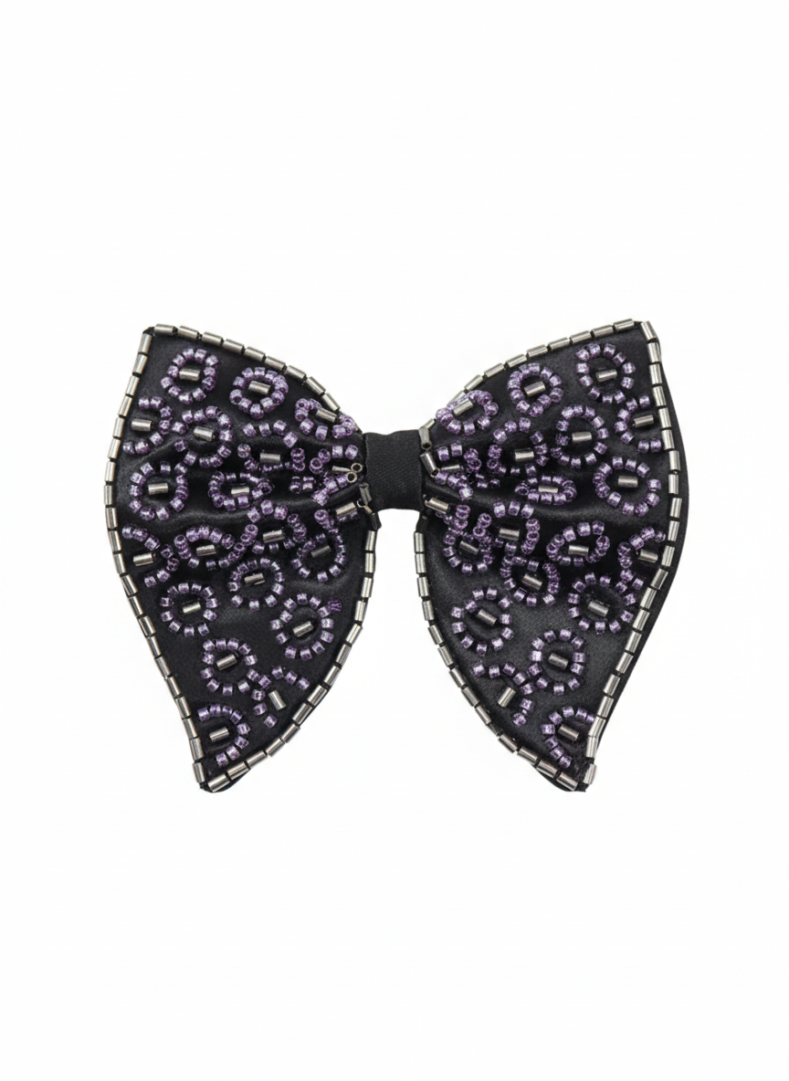 Purple Hand-Beaded Geometric Silk Bow Tie