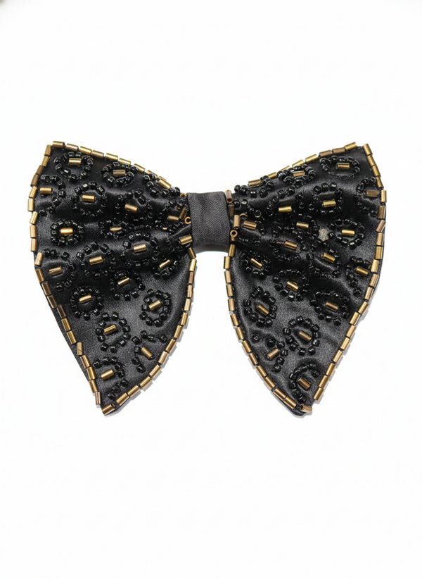 Noir Leopard Hand-Beaded Bow Tie with Gold Trim