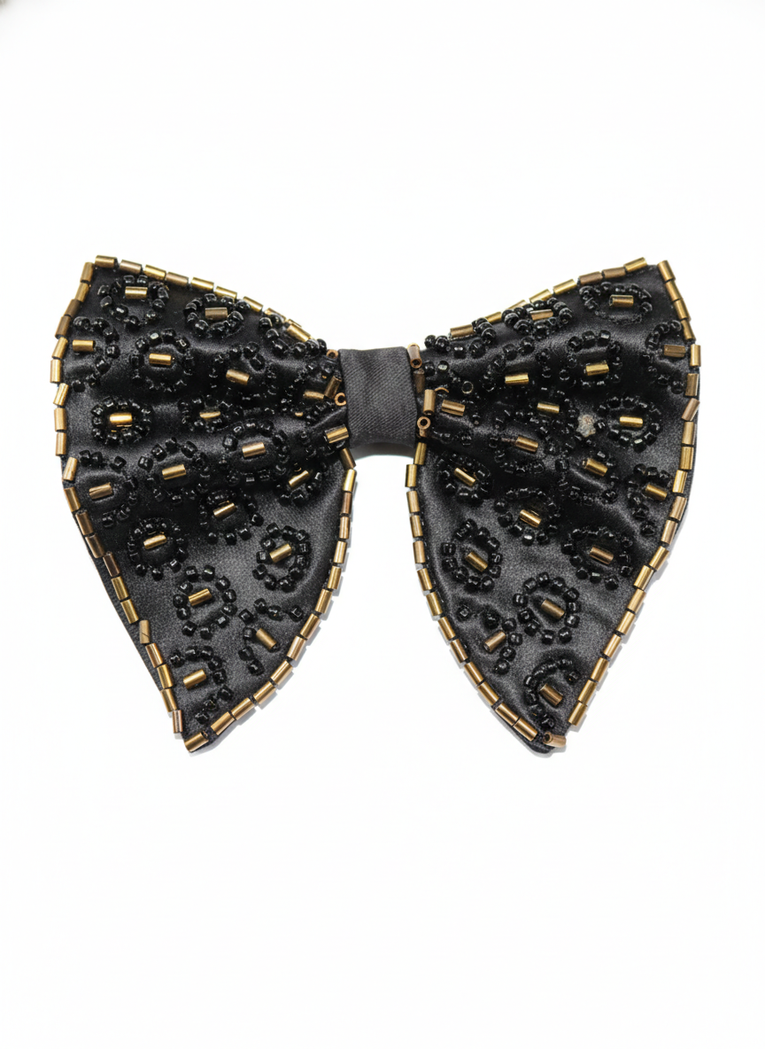 Noir Leopard Hand-Beaded Bow Tie with Gold Trim