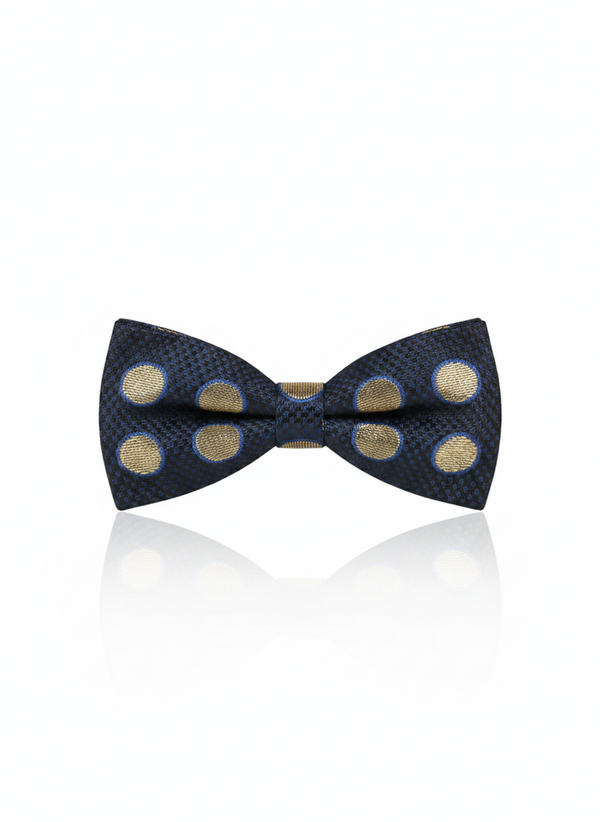 Elegant Blue Silk bow Tie with Golden Circle Pattern – Classic Formal Wear Accessory