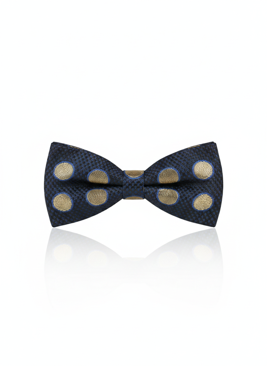 Elegant Blue Silk bow Tie with Golden Circle Pattern – Classic Formal Wear Accessory