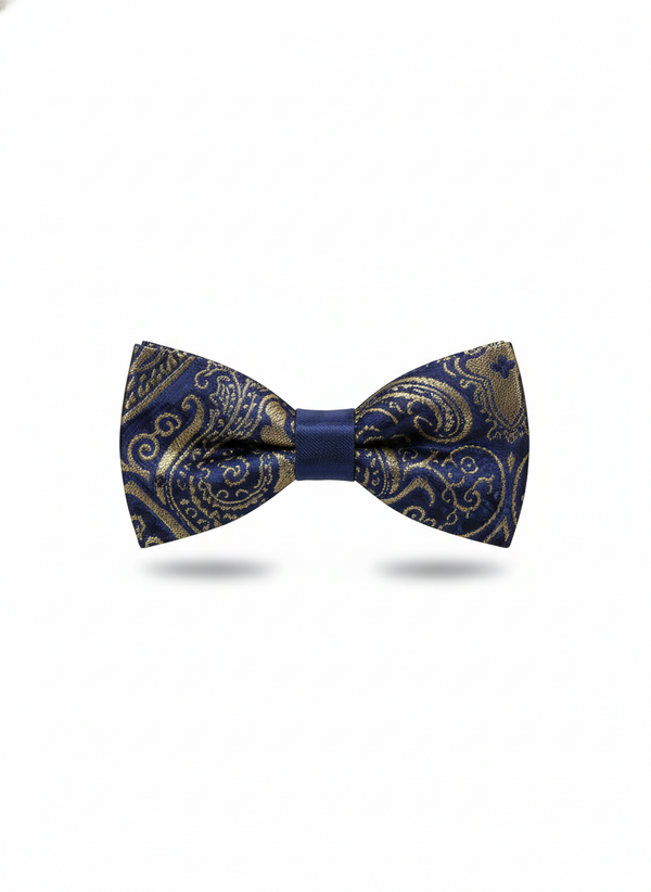 Elegant Navy & Gold Paisley Silk Bow Tie – Classic Formal Accessory