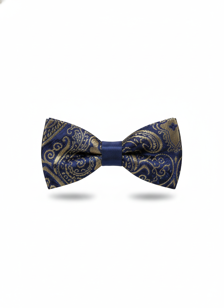 Elegant Navy & Gold Paisley Silk Bow Tie – Classic Formal Accessory