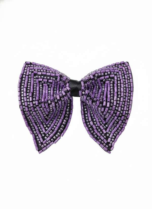 Hand-Beaded Metallic & Amethyst Crystal Bow Tie