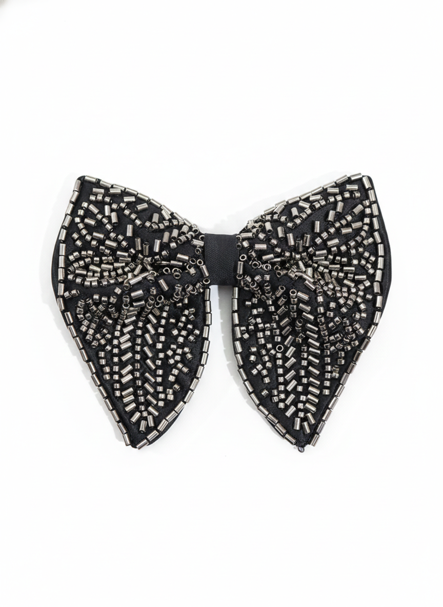 Men's Black Hand-Embroidered Metallic Beaded Bow Tie