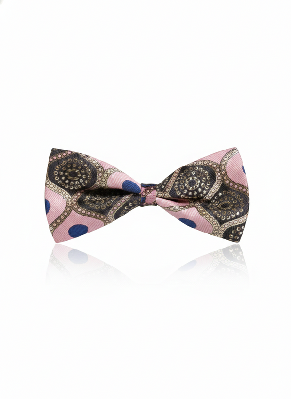 Pink Tie with Black & Golden Accents and Blue Circular Pattern – Designer Party Wear Tie