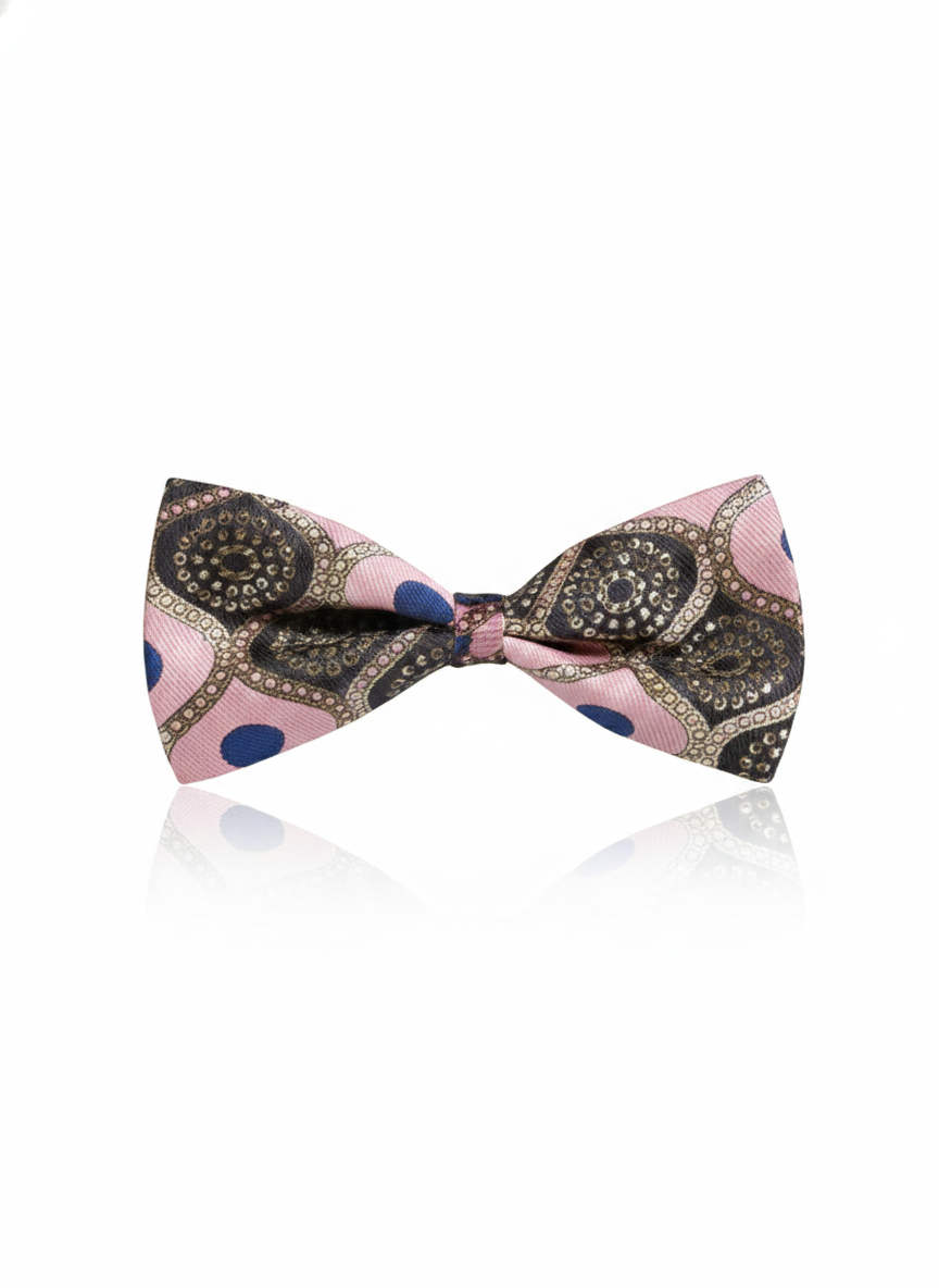 Pink Tie with Black & Golden Accents and Blue Circular Pattern – Designer Party Wear Tie