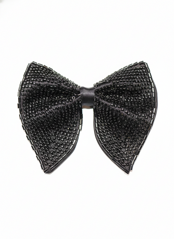 Black Embroidered Beaded Statement Bow Tie