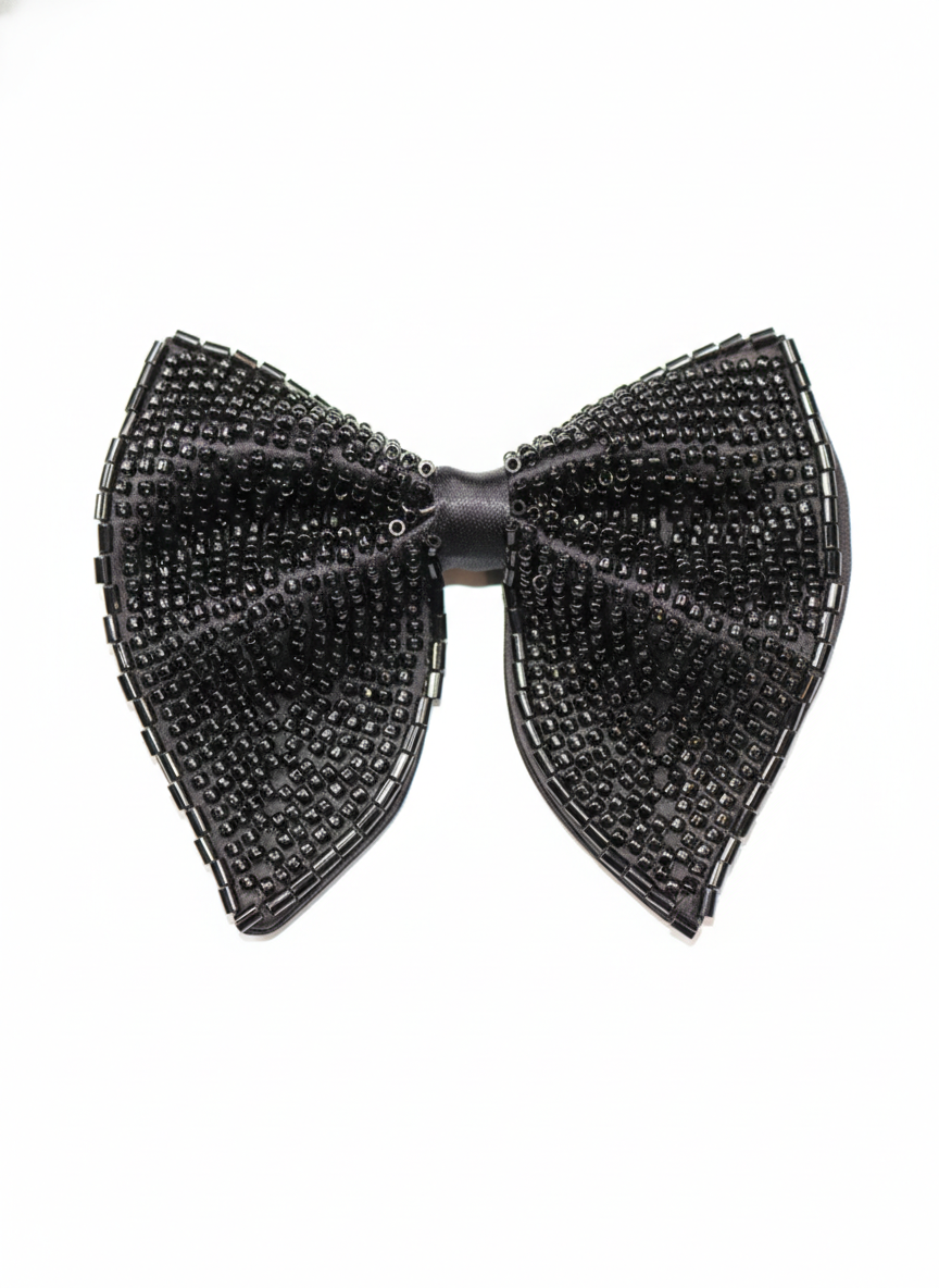 Black Embroidered Beaded Statement Bow Tie