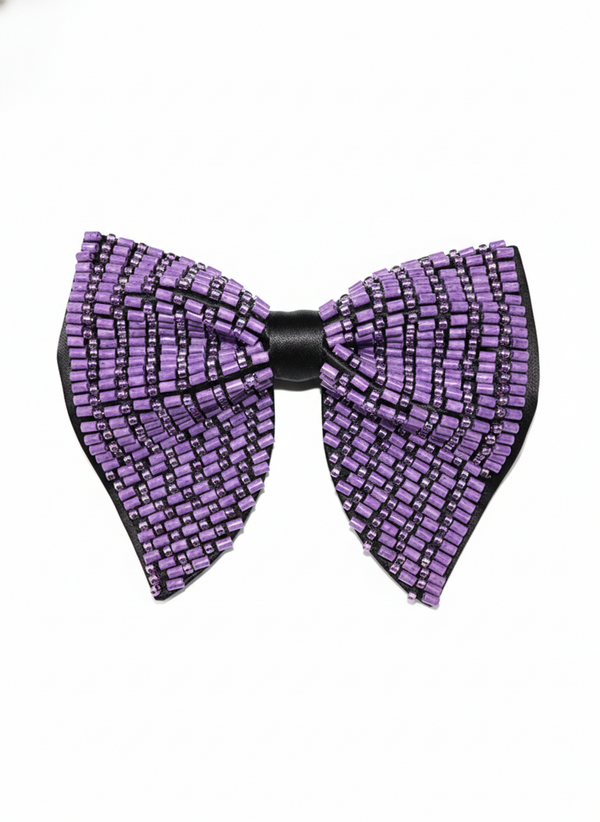 Hand-Beaded Purple Crystal & Metallic Bugle Bow Tie