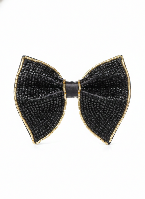 Midnight Onyx Beaded Bow Tie with Gold Trim