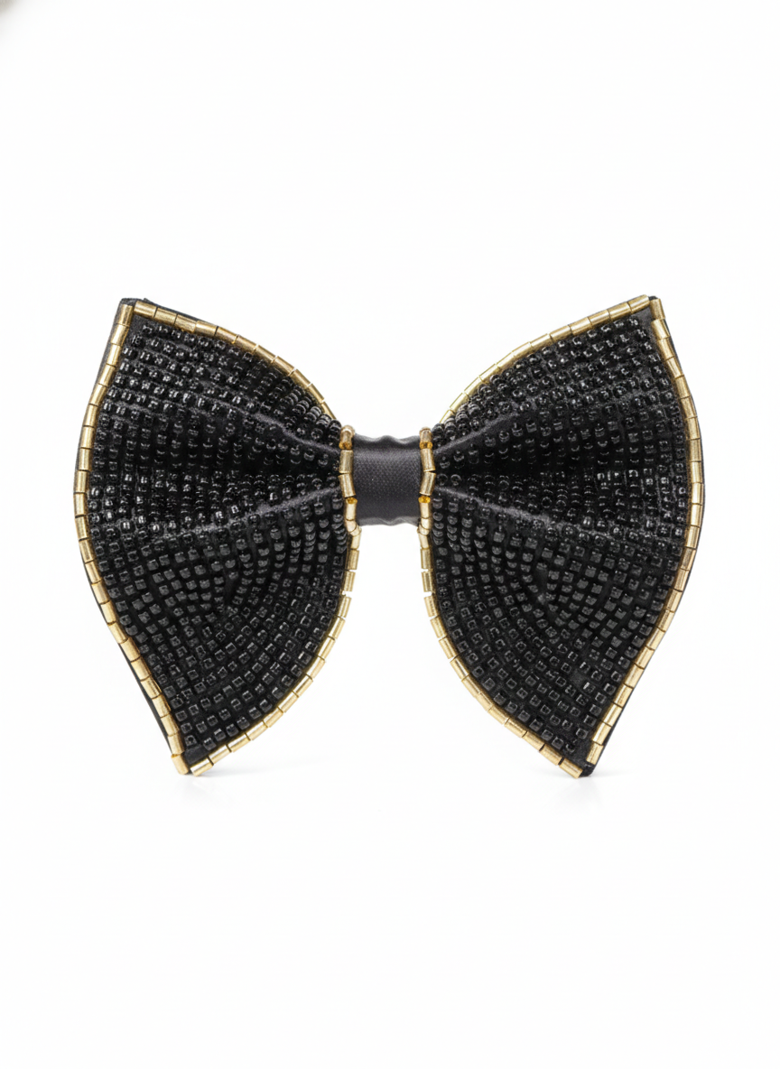 Midnight Onyx Beaded Bow Tie with Gold Trim