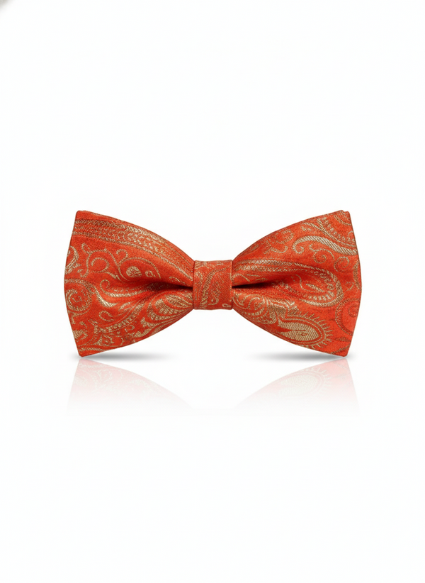 Vibrant Orange Silk Bow Tie with Golden Work – Formal Men’s Accessory