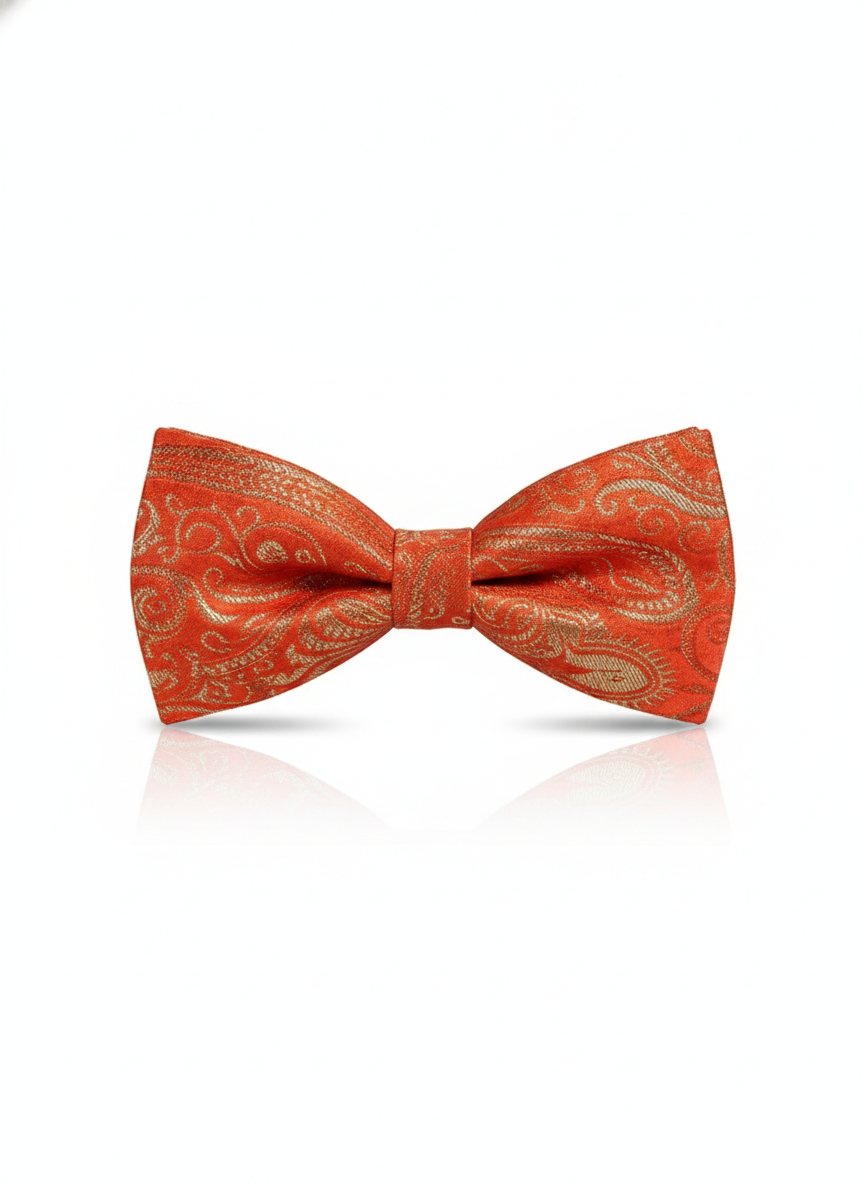 Vibrant Orange Silk Bow Tie with Golden Work – Formal Men’s Accessory