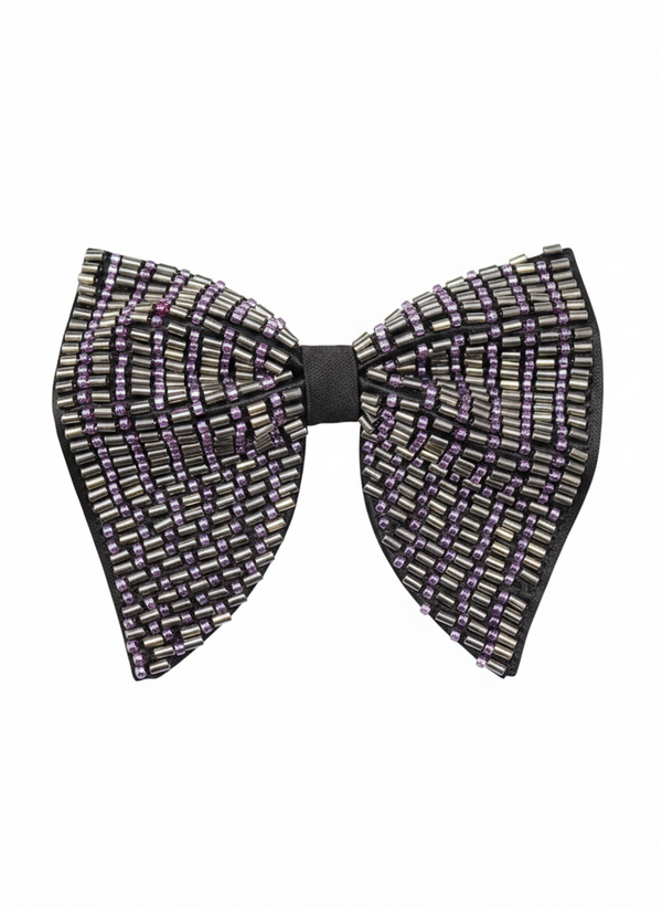 Hand-Beaded Silver & purple metallic Crystal Bow Tie