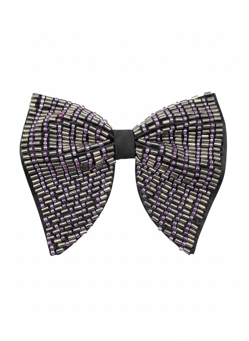 Hand-Beaded Silver & purple metallic Crystal Bow Tie