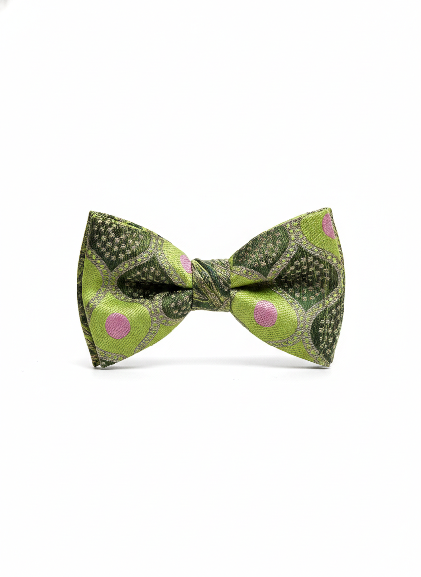 Green & Pink Geometric Jacquard Bow Tie – Bold Patterned Formal Wear