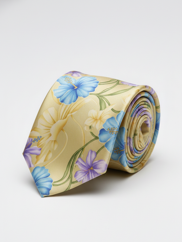 Luxury Golden Floral Printed Silk Tie for Men – Elegant Designer Necktie