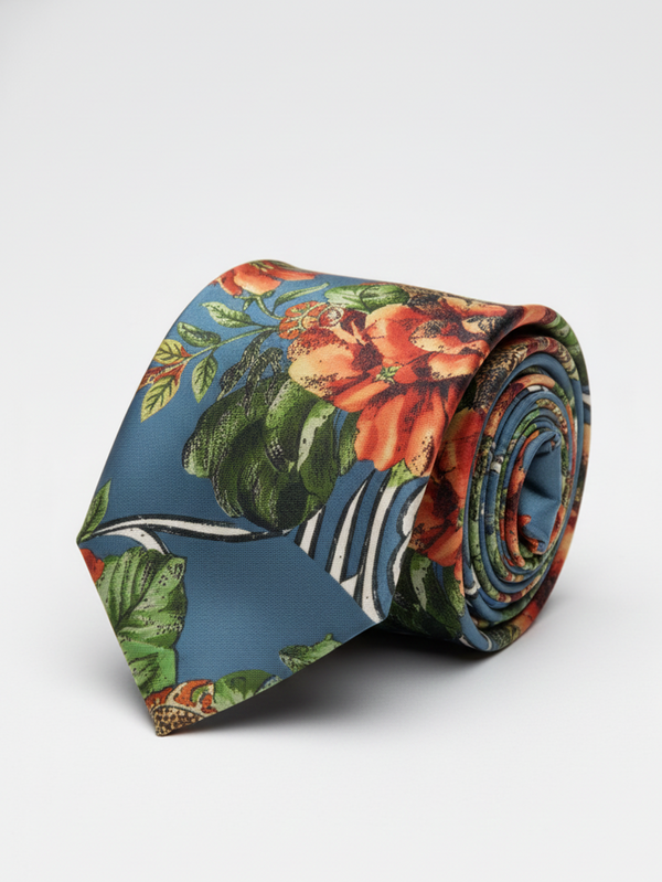 Designer Floral Printed Silk Tie for Men – Blue Statement Necktie