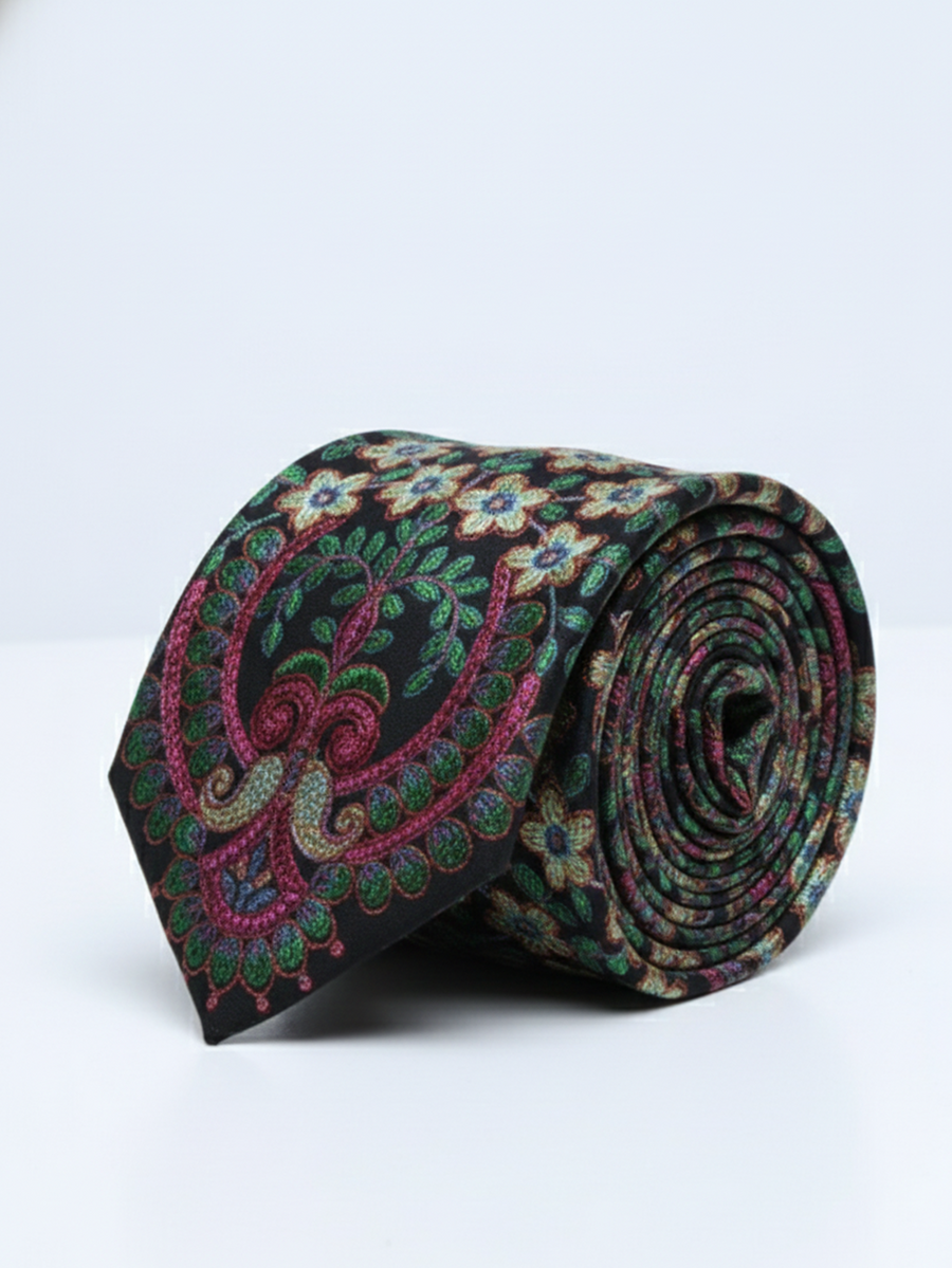 Luxury Handcrafted Silk Tie with Ornate Floral Motif – Black