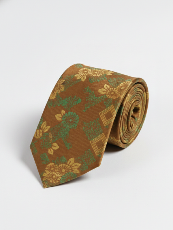Brown Art Silk Tie with Golden Floral Work