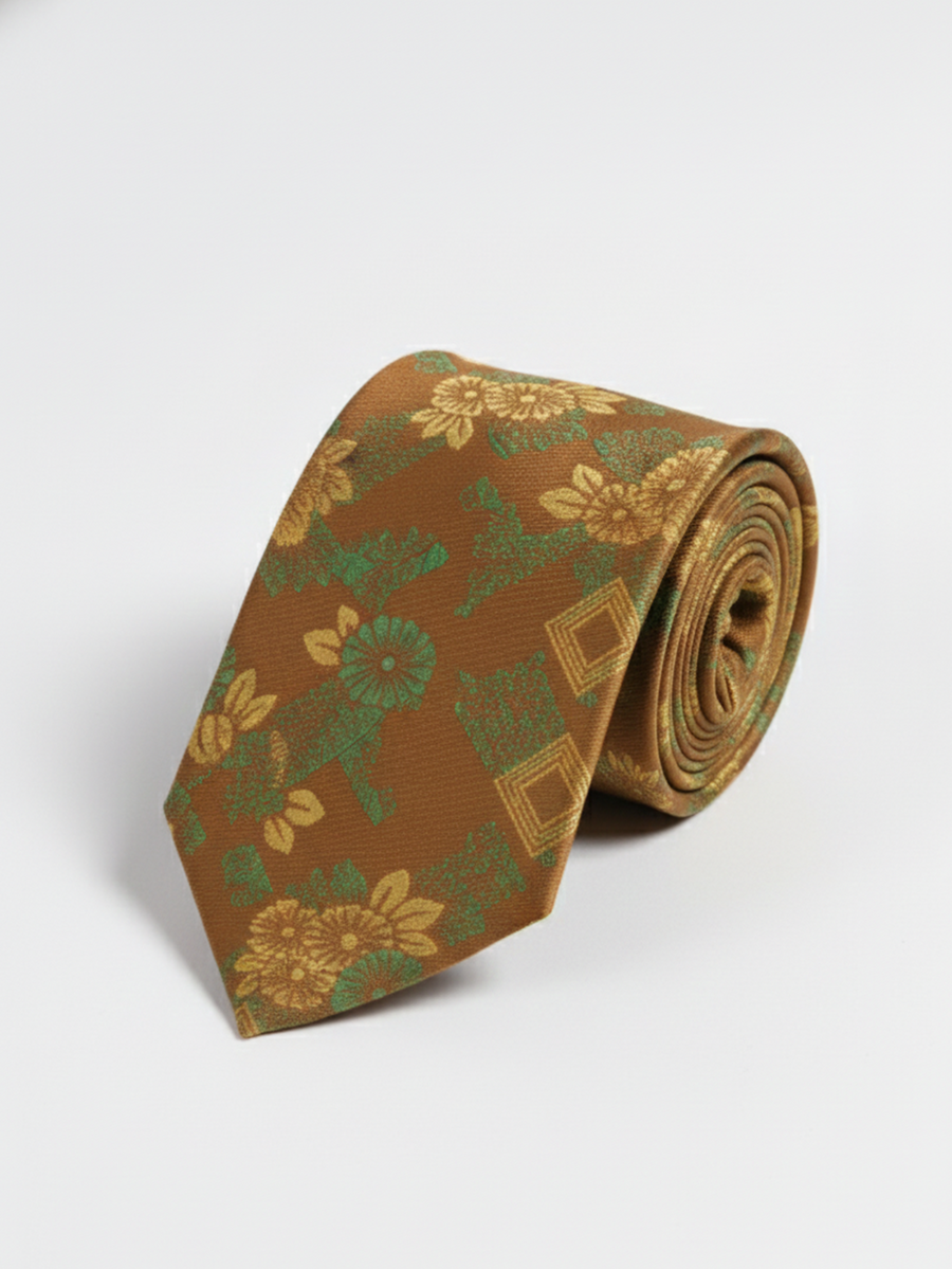 Brown Art Silk Tie with Golden Floral Work