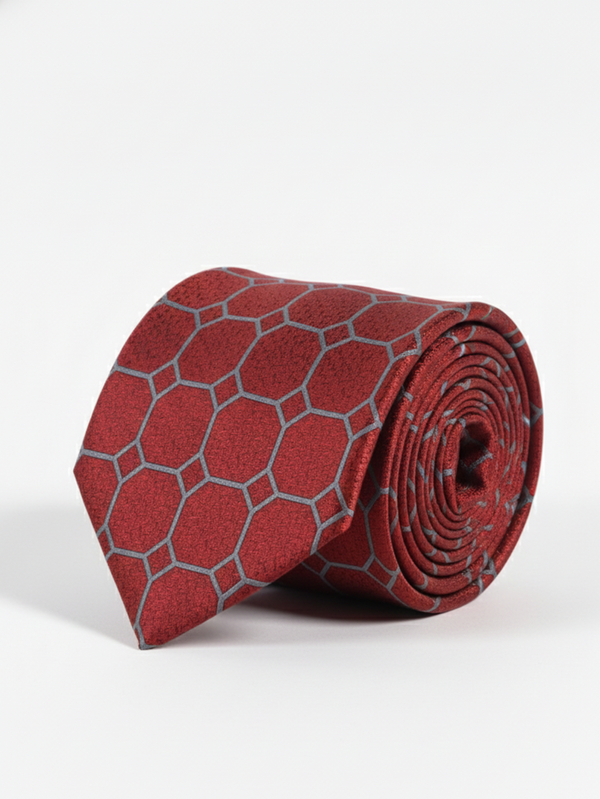 Red Art Silk Tie with Grey Lines – Classic Striped Design